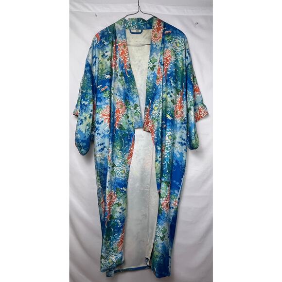 Kimono Women's Size Medium Blue 100% Silk Floral Print Japanese Style Print - Picture 1 of 13